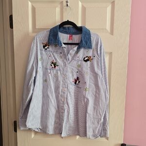 Women's Striped‎ Button Down Shirt with Embroidery